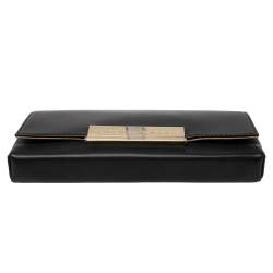 Pre Owned Carolina Herrera Black Leather Logo Metal Flap Clutch