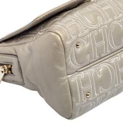 Pre Owned Carolina Herrera Grey Embossed Leather Flap Shoulder Bag