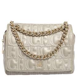 Pre Owned Carolina Herrera Grey Embossed Leather Flap Shoulder Bag