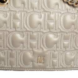 Pre Owned Carolina Herrera Grey Embossed Leather Flap Shoulder Bag