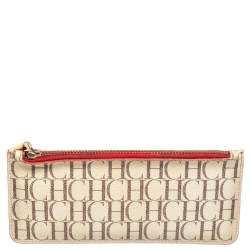 Pre Owned Carolina Herrera Beige/Red Monogram Coated Canvas and Leather Continental Wallet
