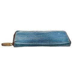 Pre Owned Carolina Herrera Blue Monogram Embossed Leather Zip Around Wallet
