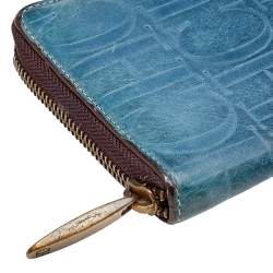 Pre Owned Carolina Herrera Blue Monogram Embossed Leather Zip Around Wallet