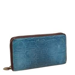 Pre Owned Carolina Herrera Blue Monogram Embossed Leather Zip Around Wallet