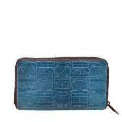 Pre Owned Carolina Herrera Blue Monogram Embossed Leather Zip Around Wallet