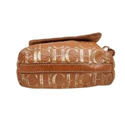 Pre Owned Carolina Herrera Brown/Gold Monogram Embossed Leather Shoulder Bag