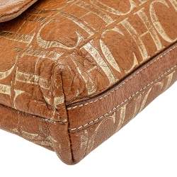 Pre Owned Carolina Herrera Brown/Gold Monogram Embossed Leather Shoulder Bag