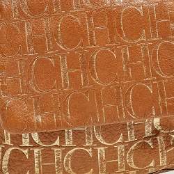 Pre Owned Carolina Herrera Brown/Gold Monogram Embossed Leather Shoulder Bag
