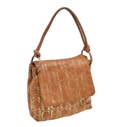 Pre Owned Carolina Herrera Brown/Gold Monogram Embossed Leather Shoulder Bag