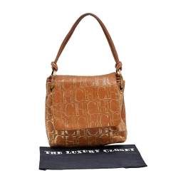 Pre Owned Carolina Herrera Brown/Gold Monogram Embossed Leather Shoulder Bag