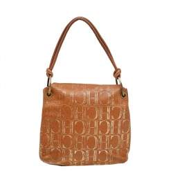 Pre Owned Carolina Herrera Brown/Gold Monogram Embossed Leather Shoulder Bag