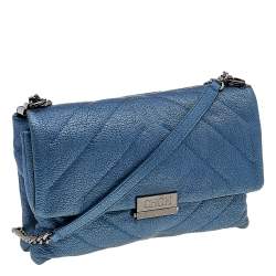 Pre Owned Carolina Herrera Blue Quilted Leather Flap Shoulder Bag