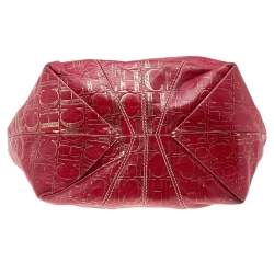 Pre Owned Carolina Herrera Red/Gold Monogram Embossed Leather Chain Tote