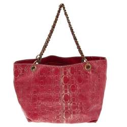 Pre Owned Carolina Herrera Red/Gold Monogram Embossed Leather Chain Tote
