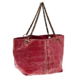 Pre Owned Carolina Herrera Red/Gold Monogram Embossed Leather Chain Tote