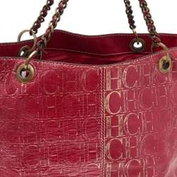 Pre Owned Carolina Herrera Red/Gold Monogram Embossed Leather Chain Tote
