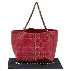 Pre Owned Carolina Herrera Red/Gold Monogram Embossed Leather Chain Tote