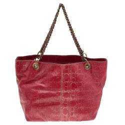 Pre Owned Carolina Herrera Red/Gold Monogram Embossed Leather Chain Tote