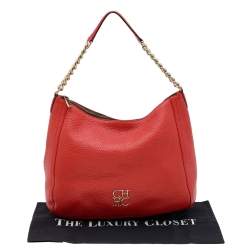 Pre Owned Carolina Herrera Orange Leather Zip Chain Hobo