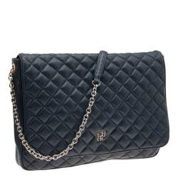 Pre Owned Carolina Herrera Navy Blue Quilted Leather Flap Chain Shoulder Bag