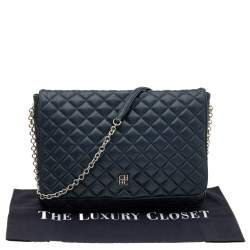 Pre Owned Carolina Herrera Navy Blue Quilted Leather Flap Chain Shoulder Bag