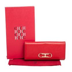 Pre Owned Carolina Herrera Red Leather Logo Flap Continental Wallet