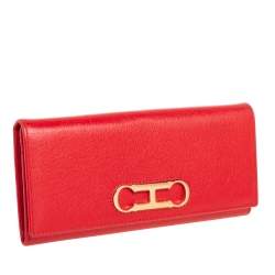 Pre Owned Carolina Herrera Red Leather Logo Flap Continental Wallet