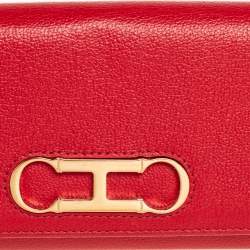 Pre Owned Carolina Herrera Red Leather Logo Flap Continental Wallet
