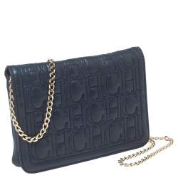Pre Owned Carolina Herrera Navy Blue Quilted Leather Flap Chain Clutch