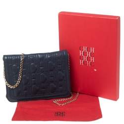 Pre Owned Carolina Herrera Navy Blue Quilted Leather Flap Chain Clutch