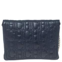 Pre Owned Carolina Herrera Navy Blue Quilted Leather Flap Chain Clutch