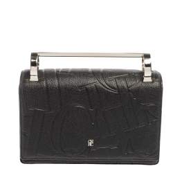 Pre Owned Carolina Herrera Black Logo Embossed Leather Insignia Top Handle Bag