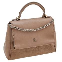 Pre Owned Carolina Herrera Beige Leather Monogram Embossed Minuetto Top Handle Bag