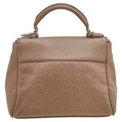 Pre Owned Carolina Herrera Beige Leather Monogram Embossed Minuetto Top Handle Bag