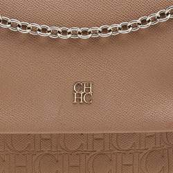 Pre Owned Carolina Herrera Beige Leather Monogram Embossed Minuetto Top Handle Bag