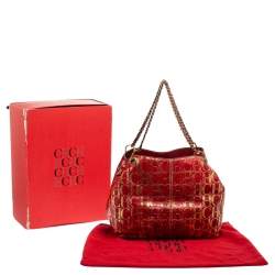 Pre Owned Carolina Herrera Red/Gold Monogram Leather Chain Tote