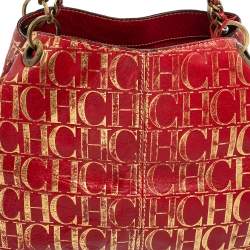 Pre Owned Carolina Herrera Red/Gold Monogram Leather Chain Tote