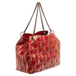 Pre Owned Carolina Herrera Red/Gold Monogram Leather Chain Tote