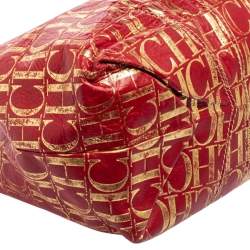 Pre Owned Carolina Herrera Red/Gold Monogram Leather Chain Tote