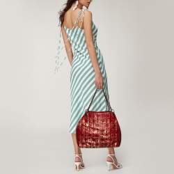 Pre Owned Carolina Herrera Red/Gold Monogram Leather Chain Tote