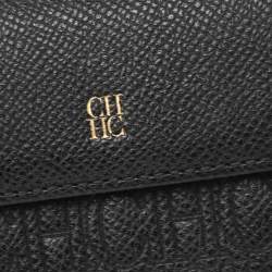 Pre Owned Carolina Herrera Black Monogram Embossed Leather French Compact Wallet