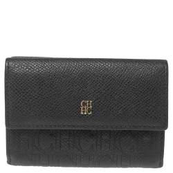 Pre Owned Carolina Herrera Black Monogram Embossed Leather French Compact Wallet