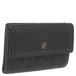 Pre Owned Carolina Herrera Black Monogram Embossed Leather French Compact Wallet