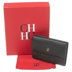 Pre Owned Carolina Herrera Black Monogram Embossed Leather French Compact Wallet