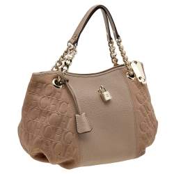 Pre Owned Carolina Herrera Beige Monogram Embossed Leather Chain Hobo