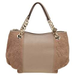 Pre Owned Carolina Herrera Beige Monogram Embossed Leather Chain Hobo
