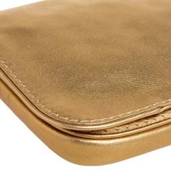 Pre Owned Carolina Herrera Metallic Gold Leather Logo Flap Clutch