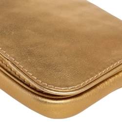 Pre Owned Carolina Herrera Metallic Gold Leather Logo Flap Clutch