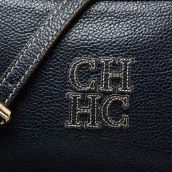 Pre Owned Carolina Herrera Navy Blue Leather Logo Crossbody Bag