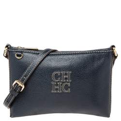 Pre Owned Carolina Herrera Navy Blue Leather Logo Crossbody Bag